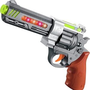 Kids Light-Up Toy Revolver Pistol - Silver with Orange & Green Accents